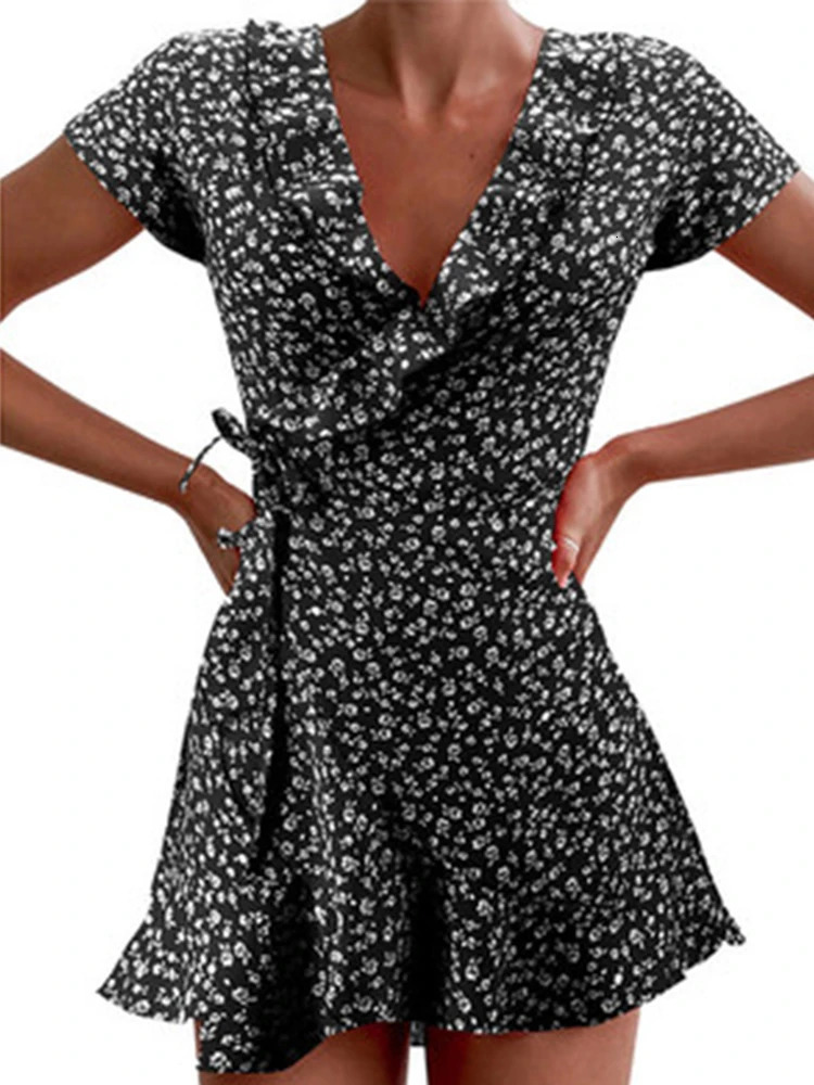 Summer womens Float A-Line dress sweet and elegant floral ruffles V-neck bandage womens floral mini dress 250401
