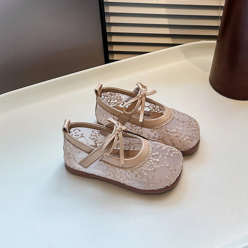 Summer Girls Sandals Net Fabric Beathable Embroidery Kids Princess Shoes Pink Beige Cover Toe Leisure Stylish Children Shoe 250407
