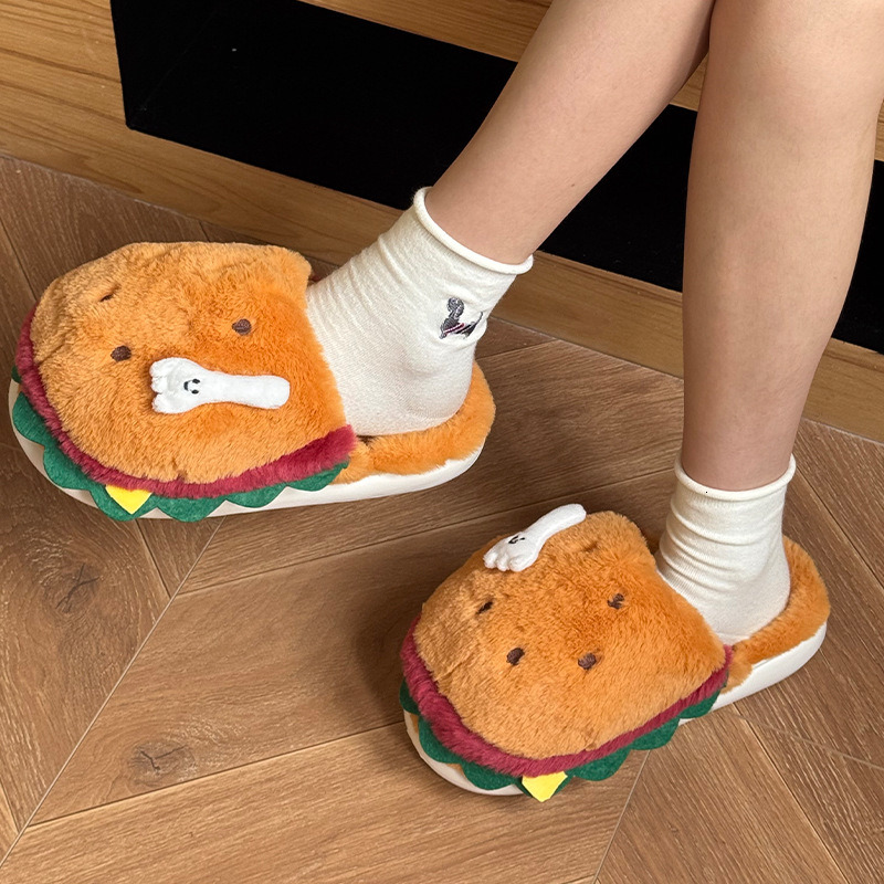 Hamburger cotton slippers for couples, autumn and winter new cartoon cute fur slippers, indoor home with plush warm cotton slippers