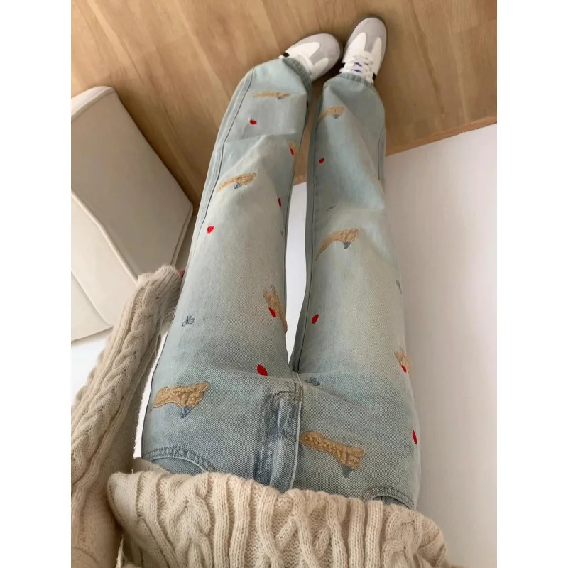 Little dog ed velvet womens jeans springsummer style wide leg nostalgic loose straight pants 250407