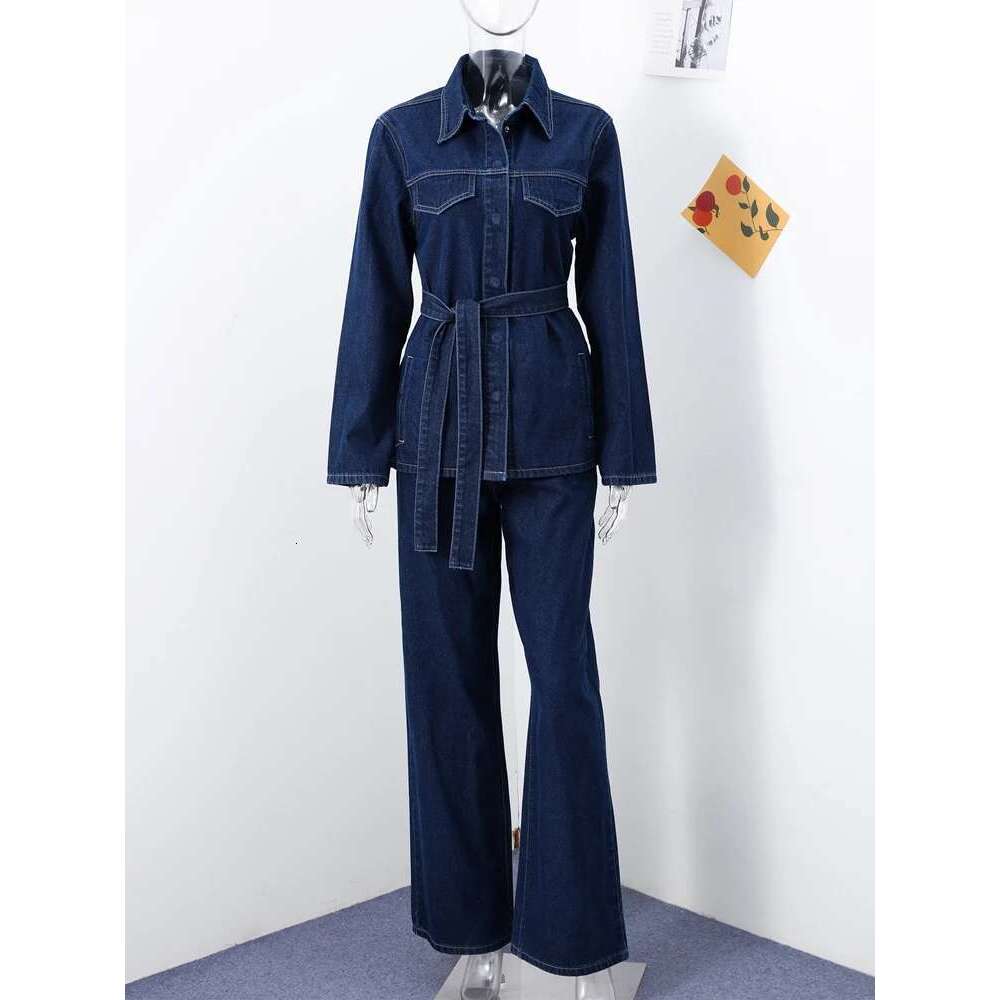 Casual Denim Jacket Pants Set Women Lace Up Lapel Pocket Single Breasted Coat Straight Jeans 2025 Spring High Street Outfit Lady