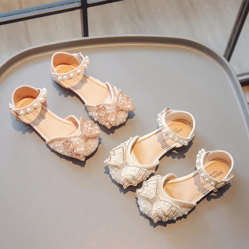 Childrens Bow Beaded Fashion Sandals Girls Round Head Princess Shoes Students Sweet Flat Dress Shoes Birthday Party Shoes 23-30 250408