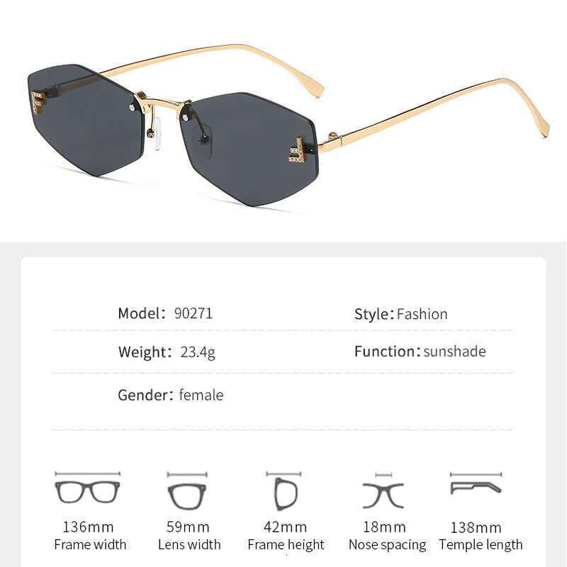 2025 New Frameless Letter F Dia-set Polygonal Fashionable Street Shot Sunglasses Women 90271