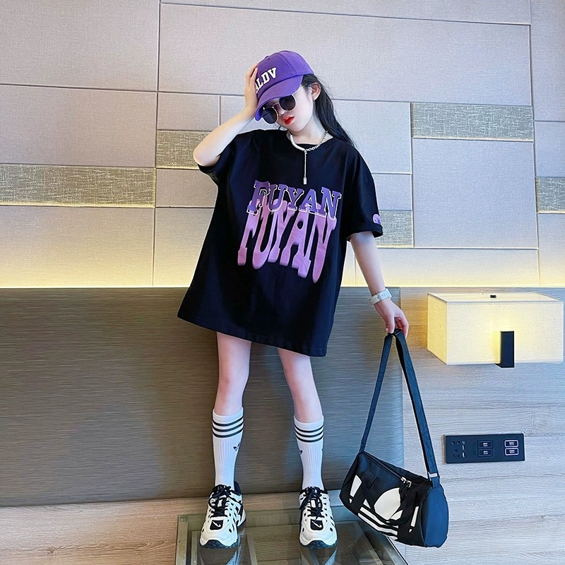 Ddmyshoesvip 220G Girls Short T Shirt For Summer New Long Half Sleeved Big Children S Stylish Loose Summer Outfit Explosive Street Top
