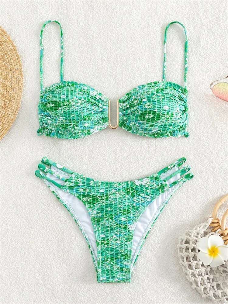 Dongdumaoyi Sexy Pleate Micro Bikini Women U Neck Push Up Orange Floral Print Swimsuit Summer Bathing Suit Lace Thong Swimwear