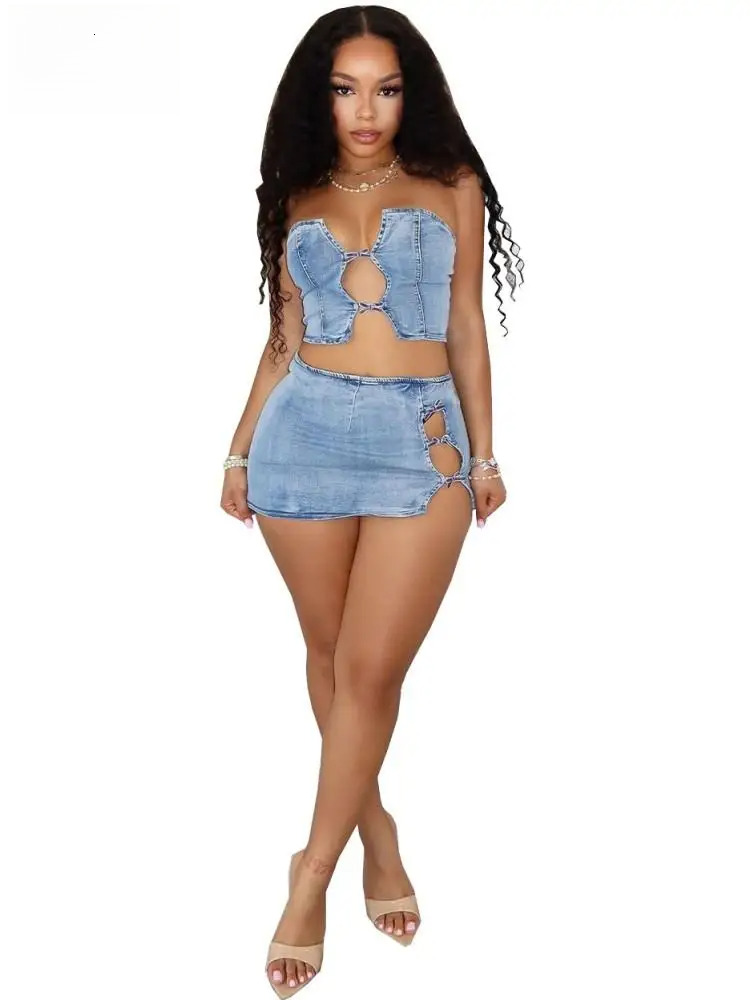 Stretch Denim 2 Piece Sets Women Sexy Cutout Tube Tops And Split Mini Hip Skirts Matching Streetwear Party Club Outfits