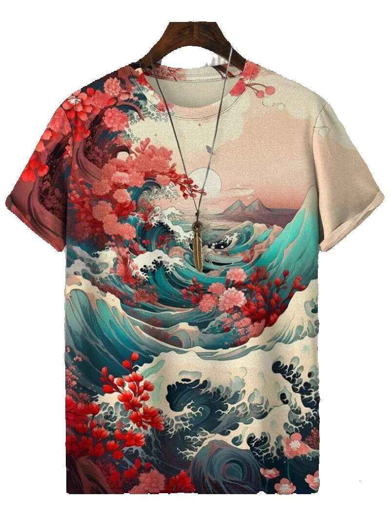 Japanese Ukiyo-E pattern men's animal wave 3D sun print casual short sleeved outdoor T-shirt oversized O-neck top