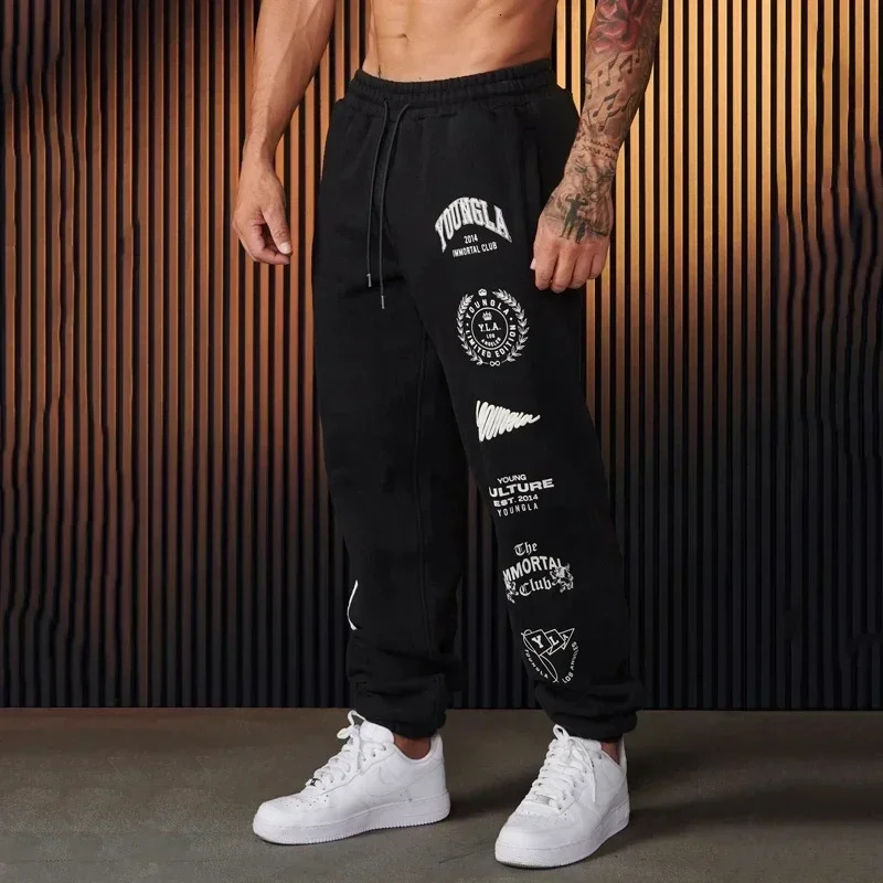 US printed mens and womens jogging fitness cotton casual wool pants drawstring sports 250407