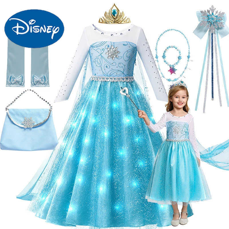 Disney LED Snow Queen ESA Long Sleeve Dress 2025 Girl Christmas Role Playing Costume Party Ball Dress Robe Game Costume X250408