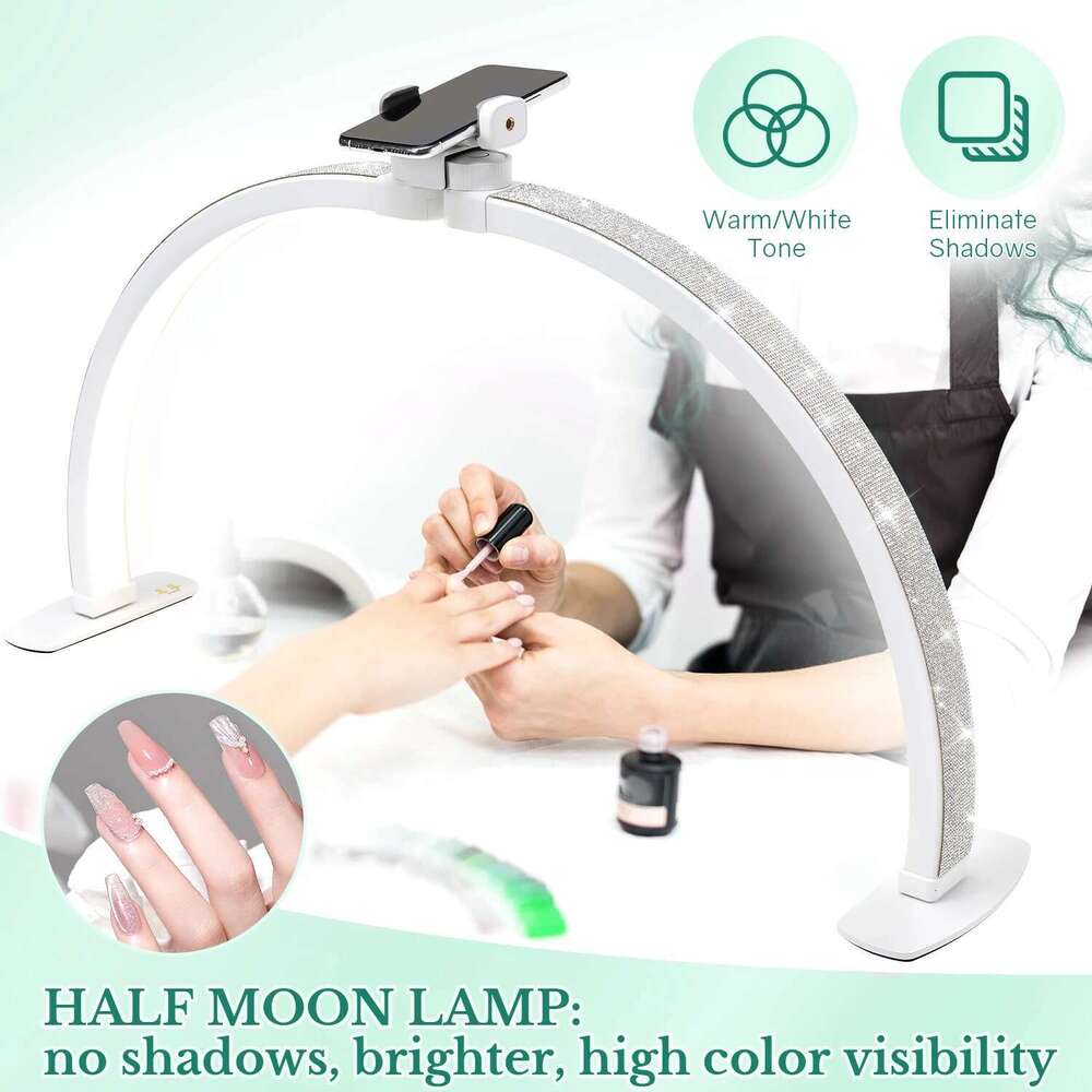 Upgraded Phone Holder Foldable Half Moon Light for Desk, Nail Table Lamp with Stepless Dimming