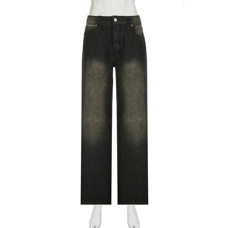 Womens low rise jeans Gothic Y2k style bagged punk wide leg denim pants Kpop casual loose streetwear 250407