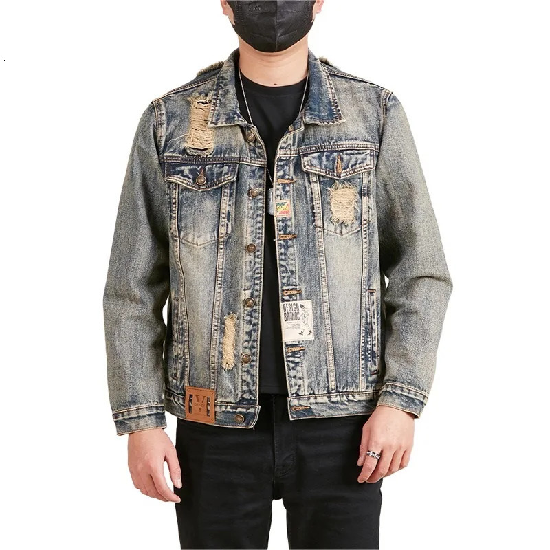 Open collar denim jacket mens vintage spring and autumn ripped streetwear rock hiphop casual motorcycle jeans freight 250407