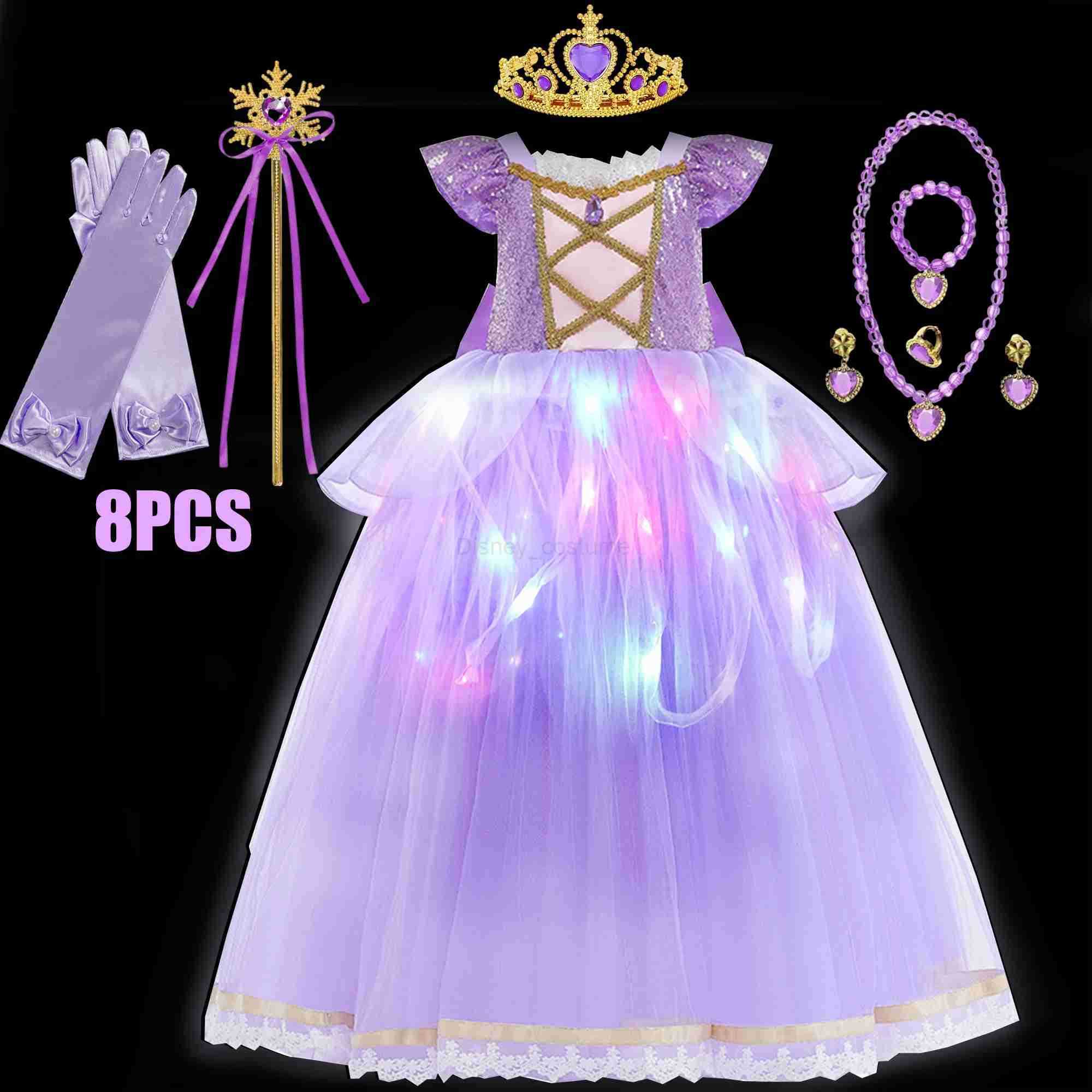 Disney Girls Princess Costume Purple Rapunzel LED Light Up 2PCS Dress Fancy Birthday Carnival Party Elegant Children Clothing Halloween X250408