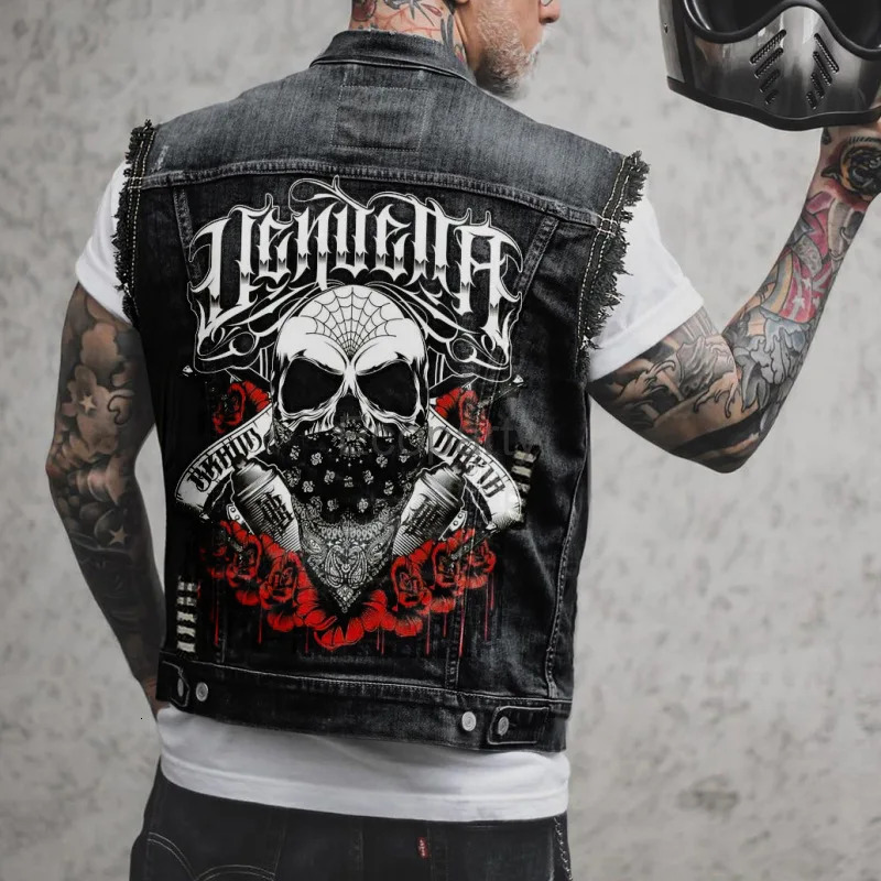 Mens fashion motorcycle vest with Spring and Autumn skull print Distressed Hole sleeveless punk denim jacket black streetwear 250407