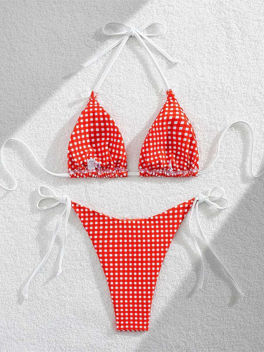 Dongdumaoyi Push Up Bikini Set Women Sexy Red Plaid Print Summer Micro Swimsuit Brazilian Cut Out Beach Bathing Suit Thong Swimwear