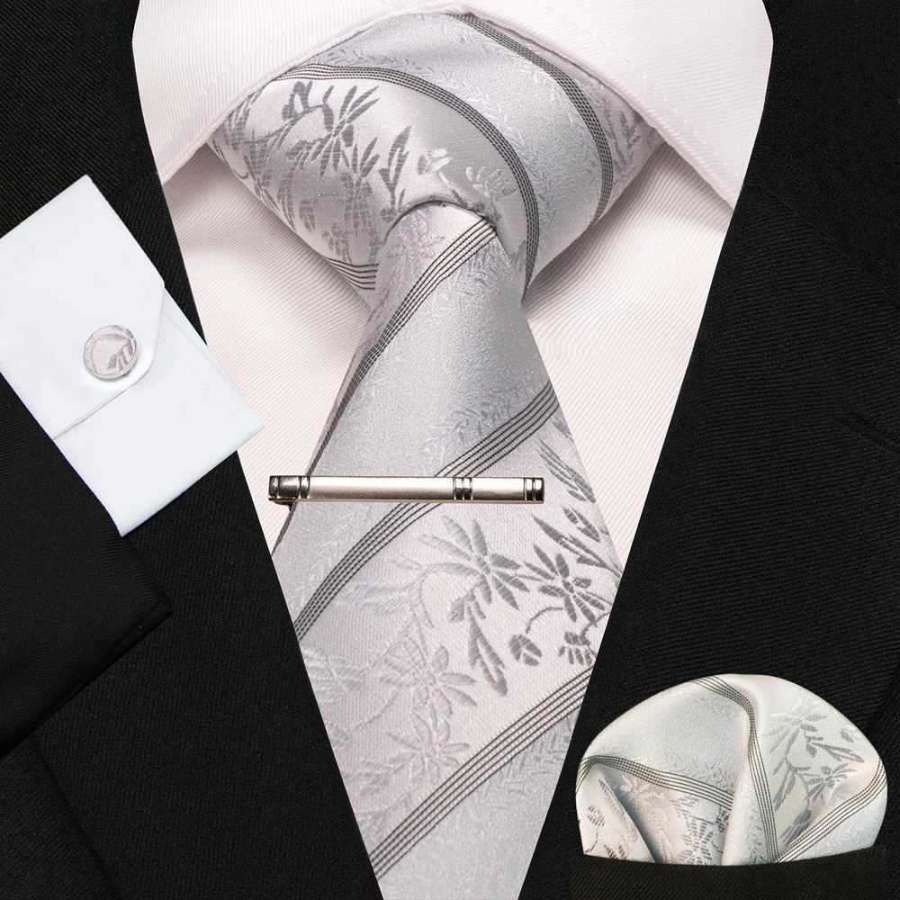 JEMYGINS White Gray Sliver Mens Ties Hanky Cufflinks Tie clip Set 8cm Silk Neck ties For Men Wedding Party Business Gift X250407
