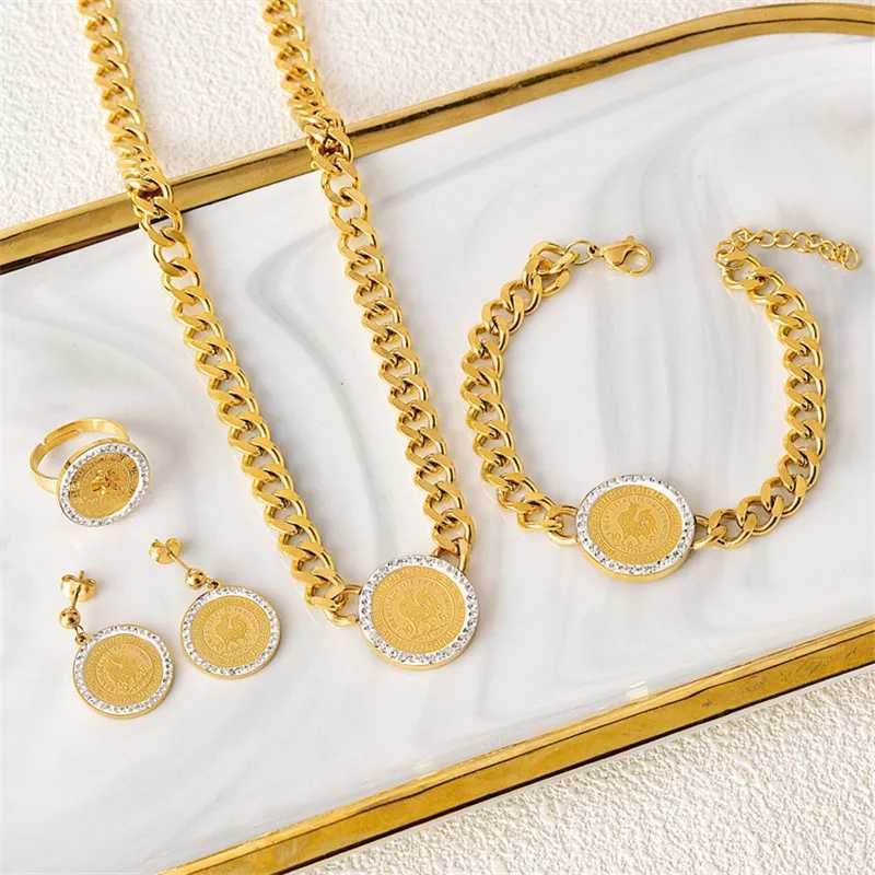 316L stainless steel animal leopard head inlaid crystal round bracelet earrings wedding jewelry set Y250408