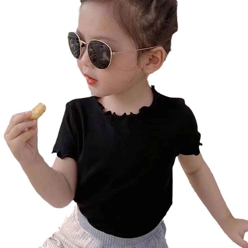Ddmyshoesvip Ice Silk Short Sleeved T Shirt New Korean Version Versatile Summer Clothes For Girls Babies Striped Stylish With Black Fungus Edges