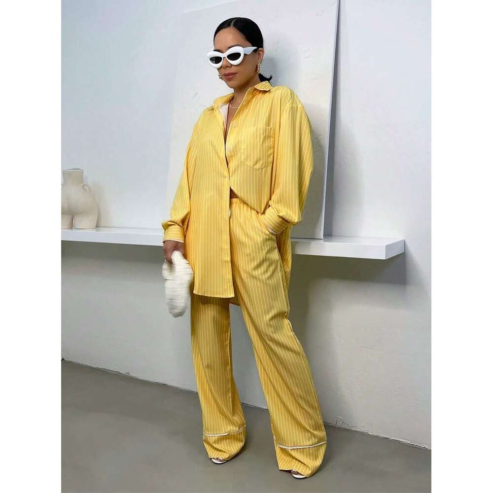 Cm.Yaya Fashion Striped Women's Set Long Sleeve Blouse Shirt Top And Wide Leg Pants 2025 Chic Two 2 Piece Sets Outfits Tracksuit