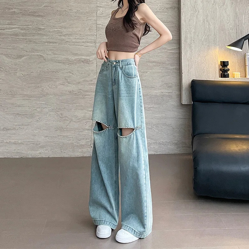 Diamond hollow wide leg jeans womens pants spring and summer high waisted loose thin drawstring straight 250407