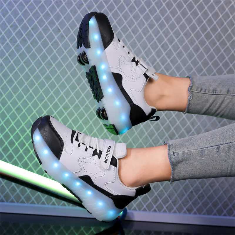Childrens LED sports shoes USB charging luminous shoes Outdoor sports roller skateboarding Childrens four-wheel boys and girls casual shoes luminous W