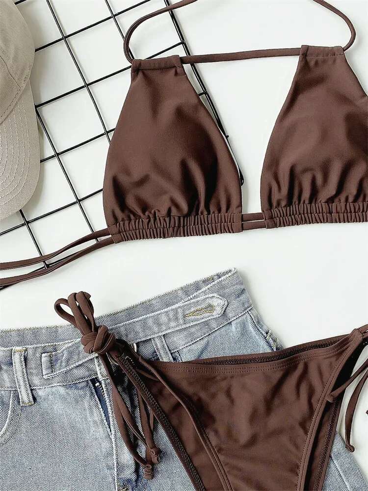 Dongdumaoyi Sexy Bikini Women Black Brown Halter Hollow Out Push Up Micro Swimsuit Brazilian Bathing Suit Tie Side Triangle Swimwear