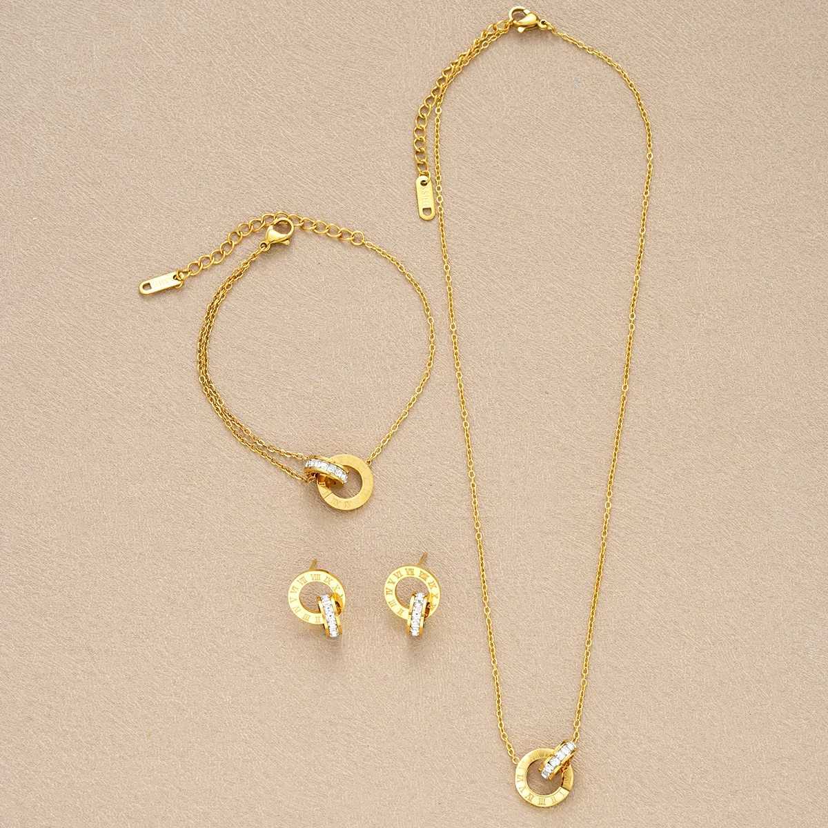 4-piece/set gold stainless steel crystal necklace bracelet earring suitable for womens interlocking rings Roman numeral jewelry set Y250408