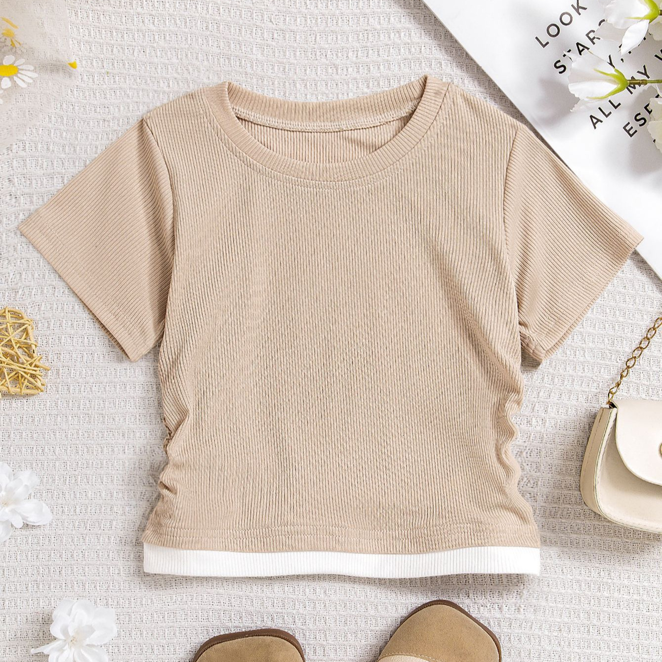 Ddmyshoesvip Splicing Fake Two Slim Fit T Shirts Contrasting Colors Sexy Short Style Girls Solid Color Pleated Design Top