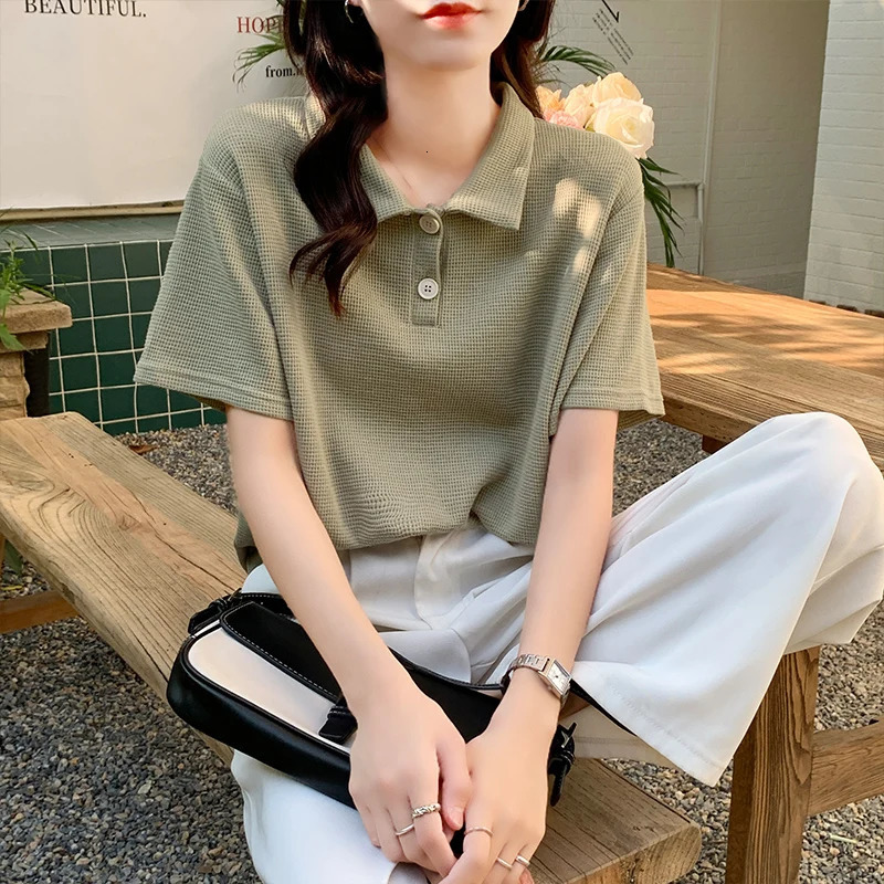 QOERLIN Matcha Green Waffle Short Sleeve T Shirt Women Summer Loose Top Casual Shirts Summer Polo Golf Woman Blouses 250408