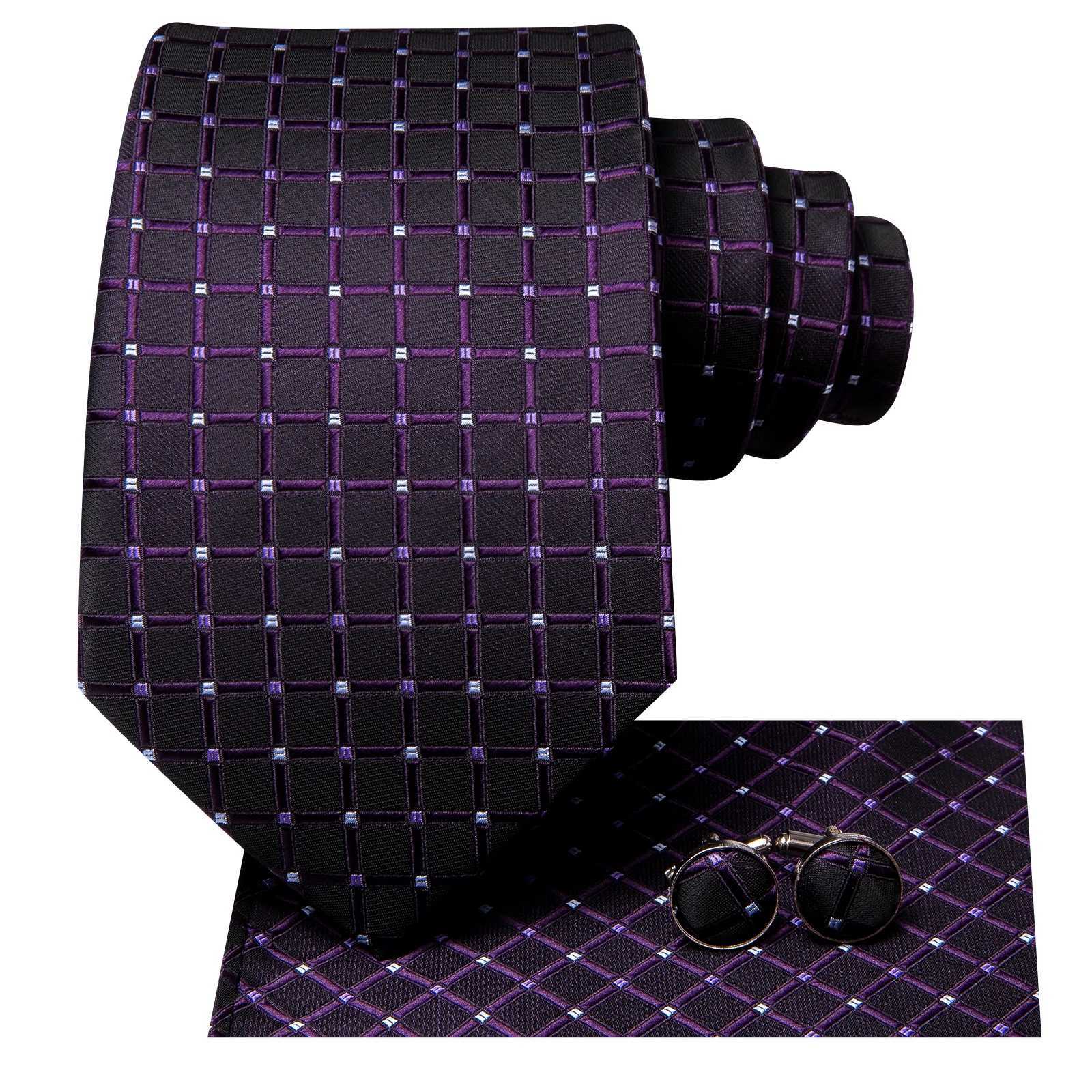 Hi-Tie Plaid Dots Purple Grey Mens Elegant Necktie Handkerchief Cufflinks for Tuxedo Fashion Classic Silk Luxury Tie for Man X250407