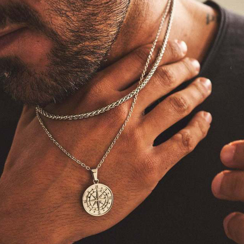 Hormones men's necklace, compass, travel and saig pendant, double-layer chain, give to friends