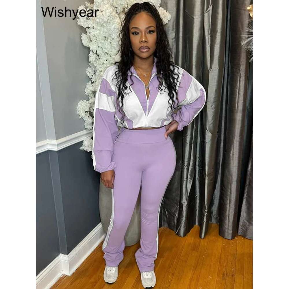 Fashion Patchwork Long Sleeve Zipper Crop Jacket And Skinny Pencil Pants Two Piece Set Woman Tracksuit Jogger Sports Outfits