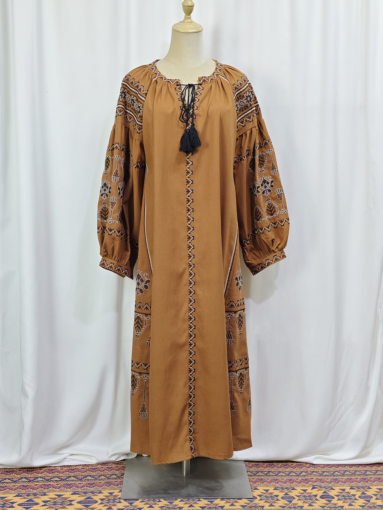 M Malay Indonesian Muslim Women S Heavy Duty Embroidered Lantern Sleeve Cotton Hemp Dress