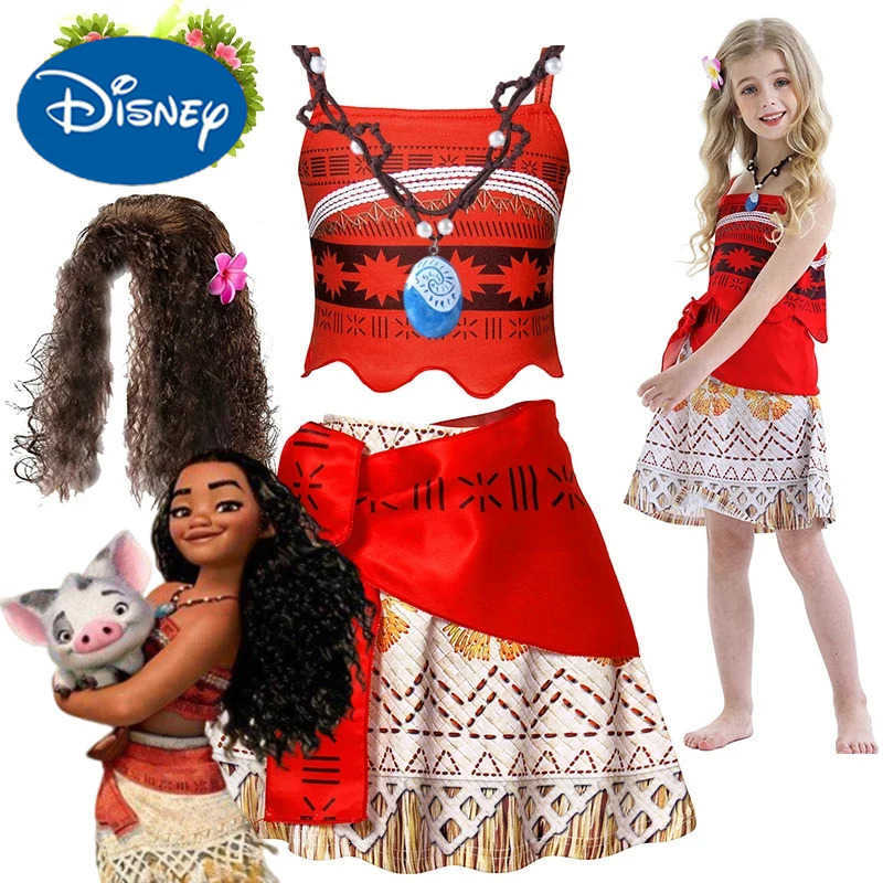 Disney Moana Halloween Princess Dress Girls Cosplay Vaiana Costume Summer Casual Fancy Clothes Children With Necklace Wig Outfit X250408