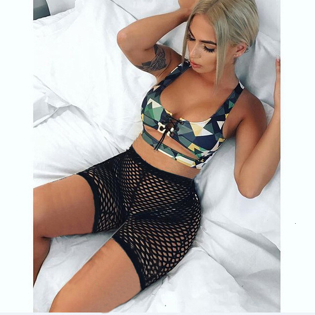 Women Sexy Two Piece Fishnet Swimwear High Waist Shorts 2 Pieces Bikini Set Tanga Swimming Suit Push Up Mesh Neon Swimsuit Y19062901