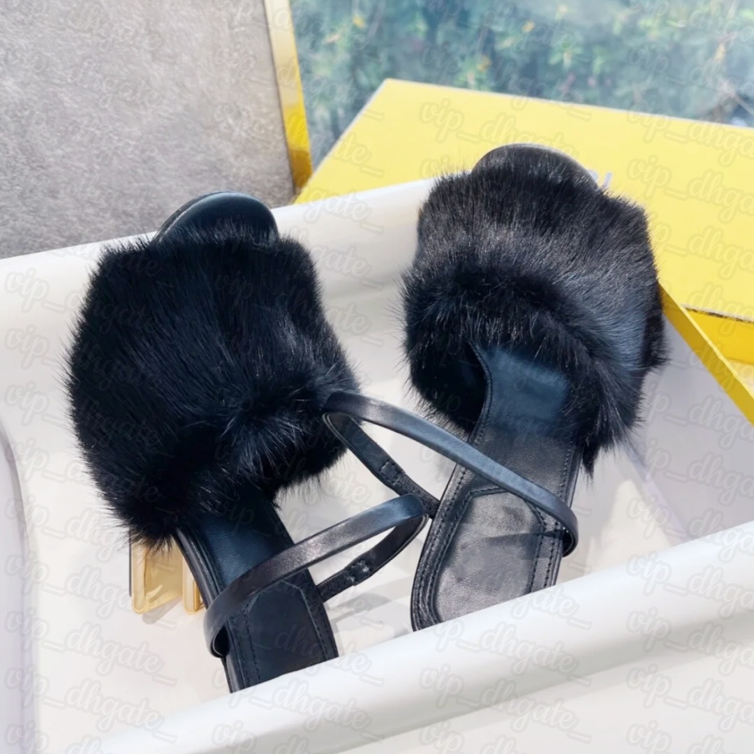 Raffias leather Fur slipper High heel Sandal Woman shoe Designer Sliders Flip Flops Luxury Sandale Platform furry slide Mule mink Beach wedge summer Pool Casual shoe