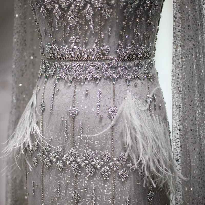 Sharon said sparkling grey mermaid evening gown with Cape feathers Dubai formal dress customized SS279 for womens wedding parties 250402