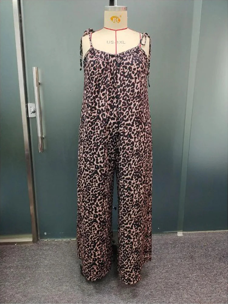 GIBSIE Plus Size Leopard Print Tie Shoulder Jumpsuits Women Spring Fall Sleeveless Loose Fashion Wide Leg Jumpsuit 250407