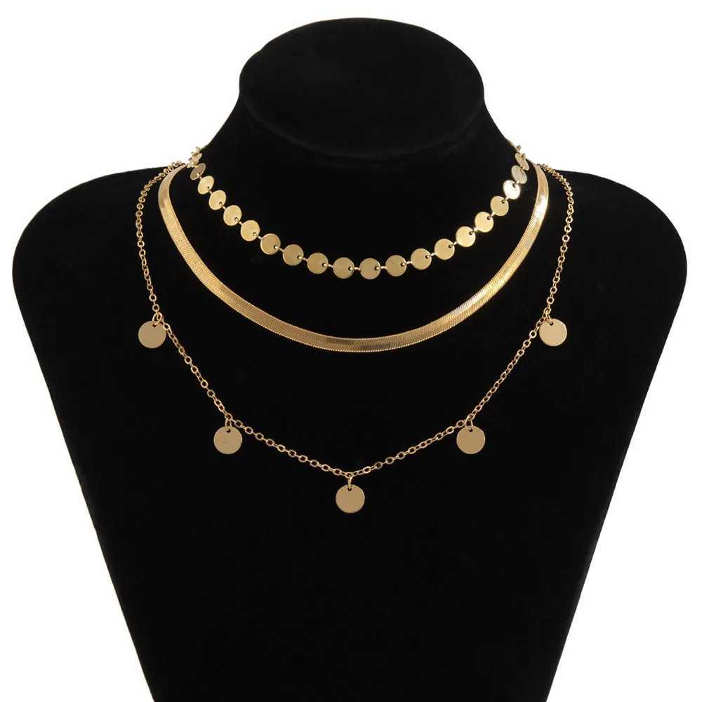 Boho Multilayer Flat Snake Sequin Chain Necklace Women Vintage Gold Color Metal Round Pendant Necklaces Girls Fashion JewelryC250407