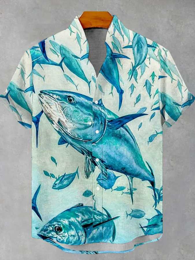 Mens casual ocean lifestyle graphic short sleeved shirt button up collar shirt oversized top casual Hawaiian mens shirtXJ250407