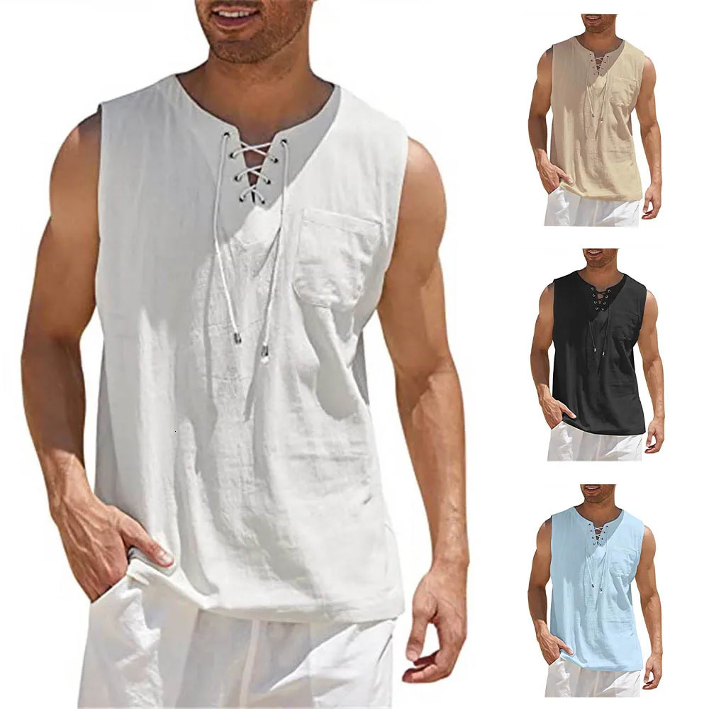 Mens summer linen vest sleeveless T-shirt lace solid color shirt loose fitting vest daily cotton linen vest 250403