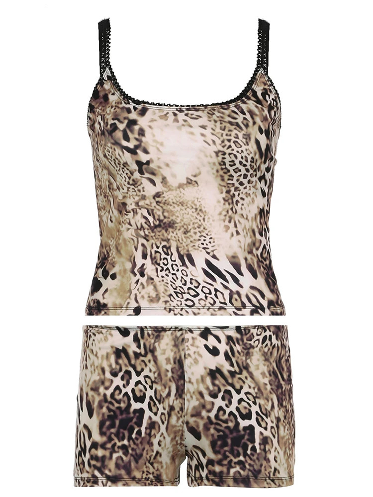 Cuteandpsycho Sexy Leopard Print Two Pieces of Sets Y2K Vintage Camisole and Slim Shorts Outfits for Women Harajuku 90s Clothing 250407
