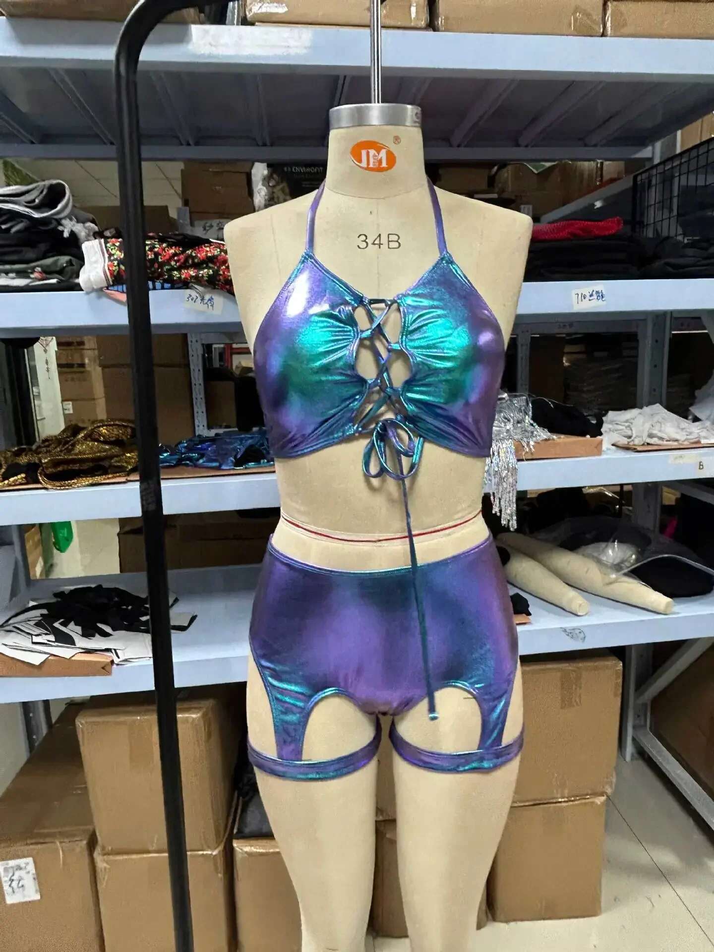 Dongdumaoyi Sexy Blue Laser Bikini Set Women Shiny Bandage Push Up Vest Leg Loop High Waist Shorts Two Piece Swimsuit Bathing Suit Swimwear