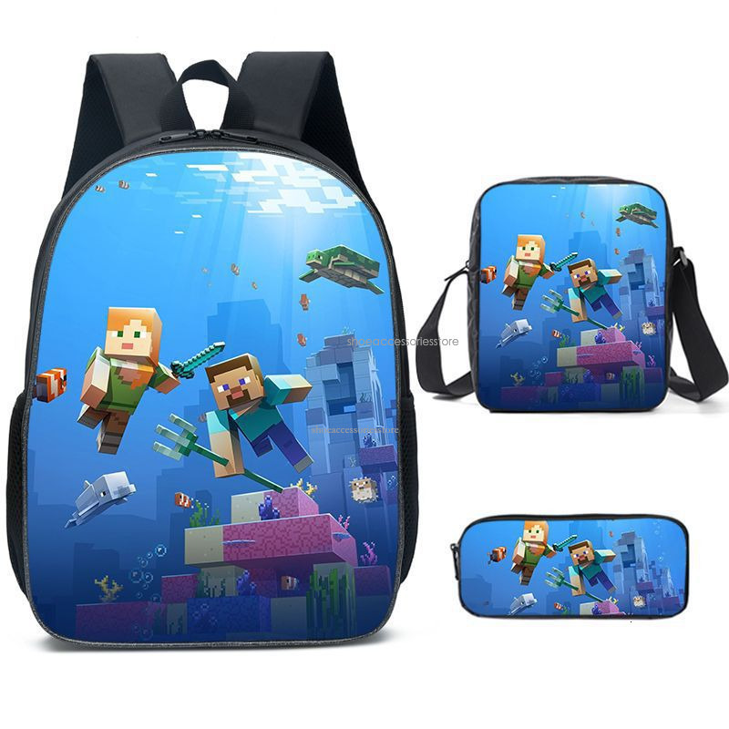 2025 Designer's New MINICRAFT Fashion Trend Backpack for Primary and Secondary School Students My World Game Surround Backpack Three Piece Set