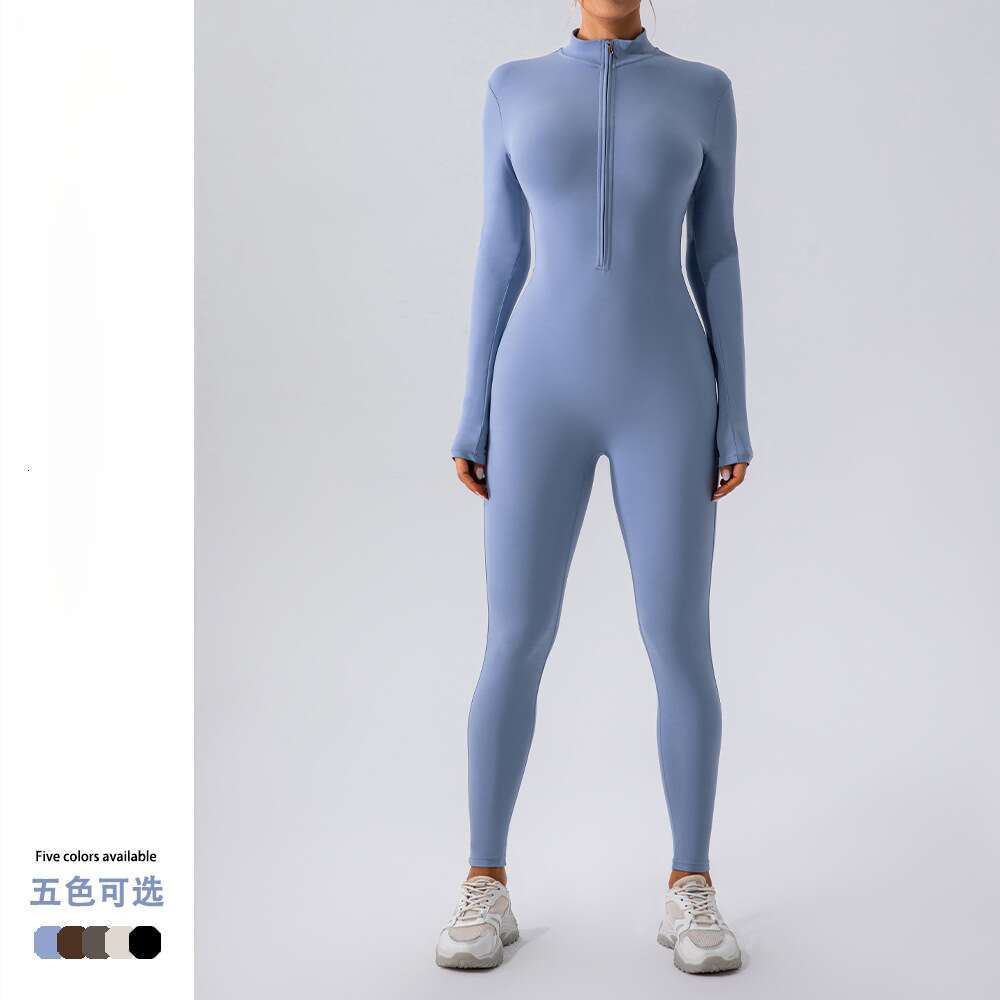 European American zipper nude long sleeved yoga women's sports and fiess training dance integrated jumpsuit, 2025 new casual versatile fashion cl