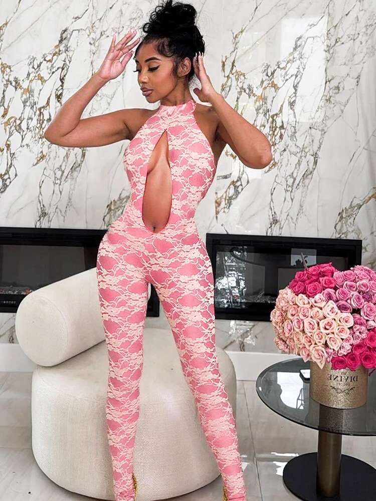 Weird Puss Mesh Patchwork Jumpsuit Women Irregular Hollow Halter Sexy Backless Skinny Peach Hip Hottie Hipster Overalls