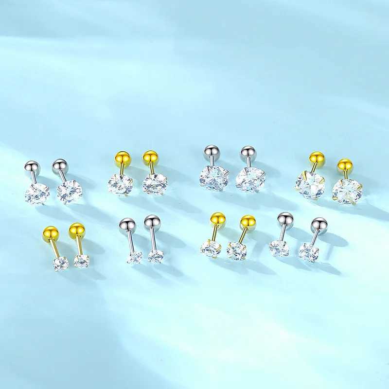 1Pair 925 Sterling Silver Bead Screw Stud Earrings for Women Men Simple 3-6mm Round Cubic Zirconia Ear Body Piercing JewelryC250407