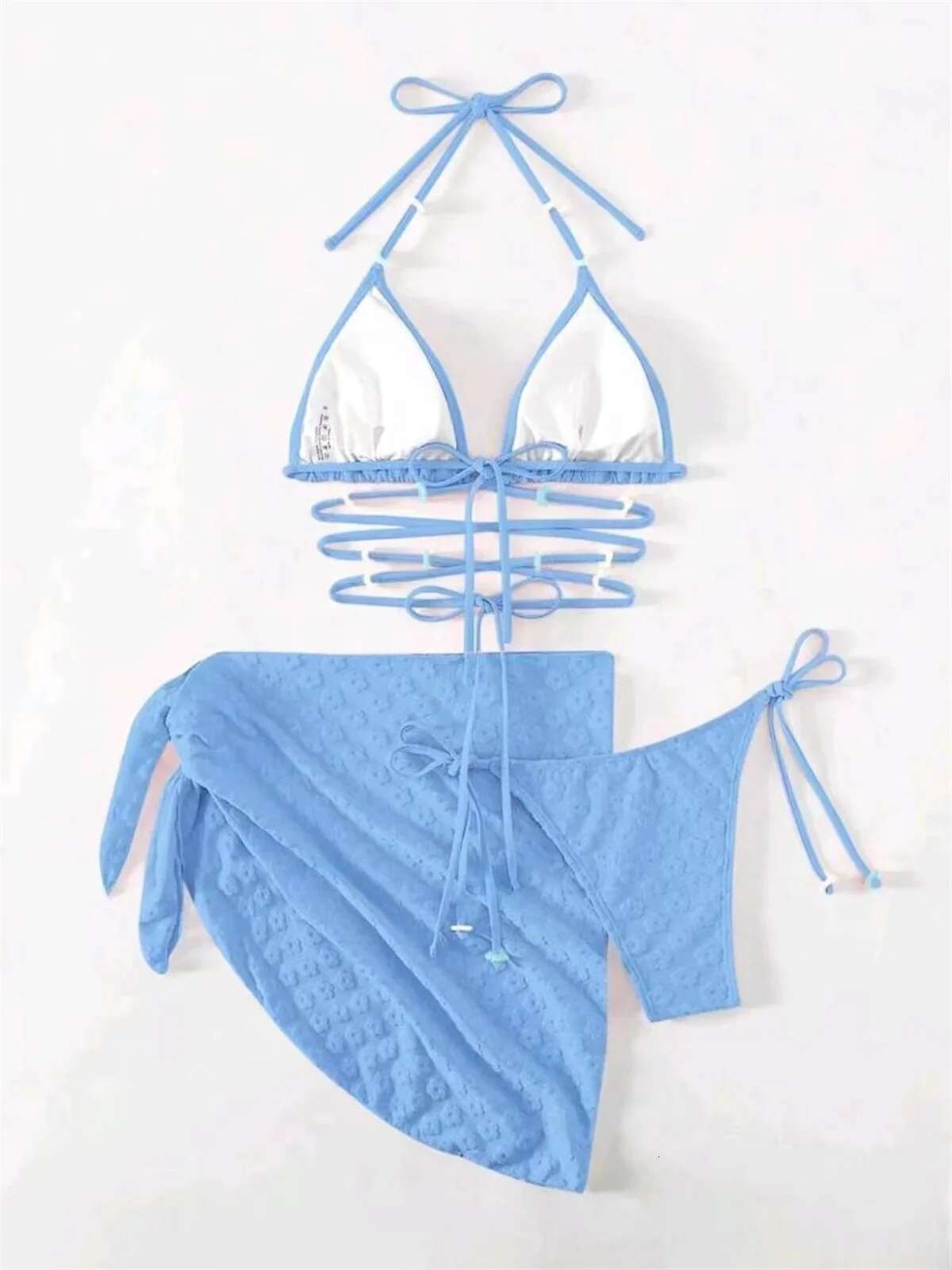 Dongdumaoyi Mesh Skirt Pleated Bikini Set Women Blue White Floral Designer Criss Cross Swimsuit Piece Bathing Suit Cover Up Swimwear