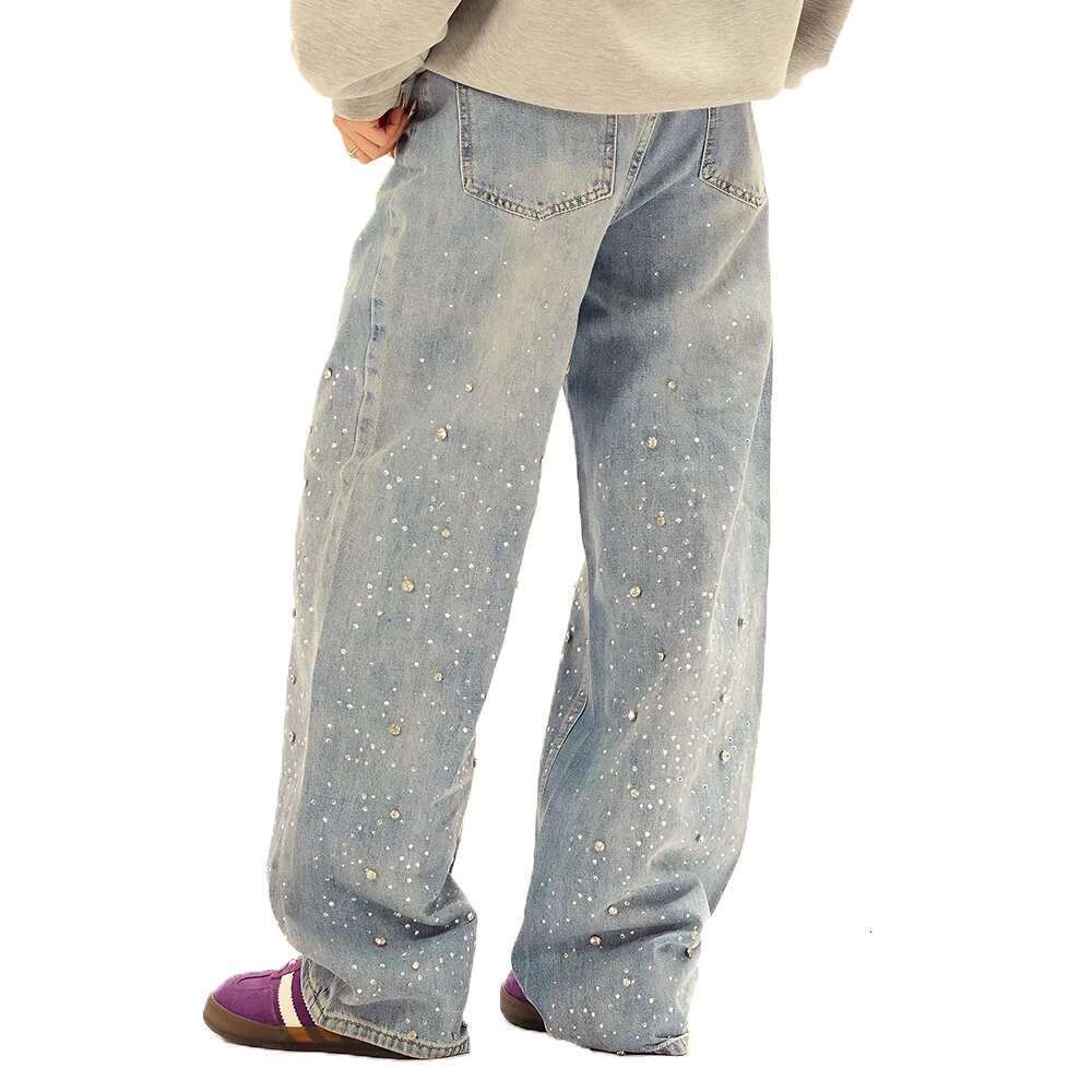 Rhie Washed Distressed Jeans Mens High Street Loose Straight Wide Leg Pocket Denim Pants Men Trousers