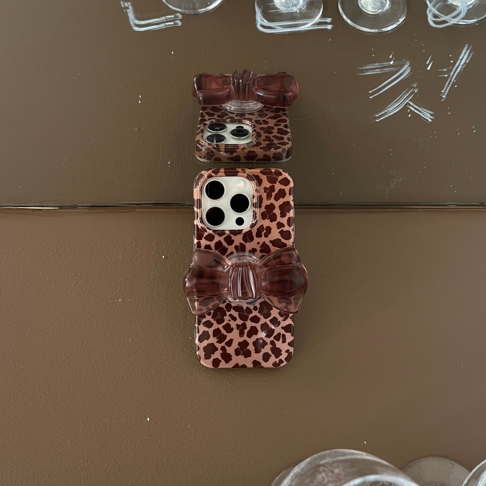 Full Edge Leopard Print Bow Stand Phone Case Compatible with iPhone 17/16 Pro Max Personalized iPhone 15/14